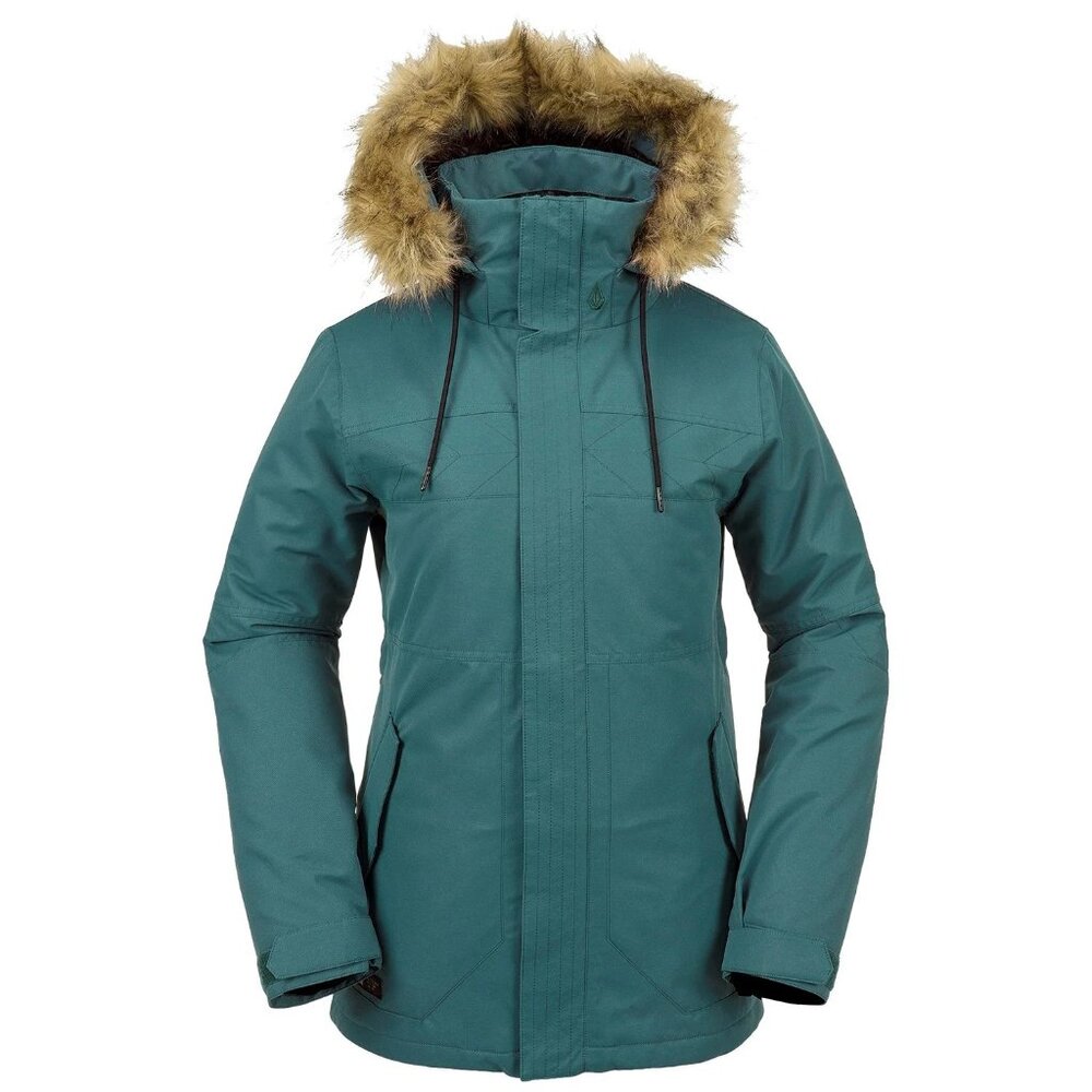 Volcom Teal Green Women's Ski Snow Jacket with Faux Fur Hood